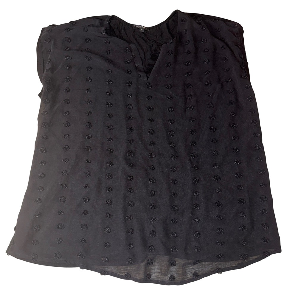 Paper Moon Blouse 1X Black Swiss Dot V-Neck Cap Sleeve Chiffon Layered Top‎